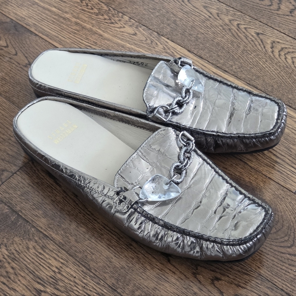 Stuart Weitzman silver croc-embossed metallic leather mules 6.5 Made In Spain